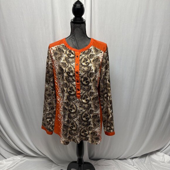 Liz Claiborne Blouse Womens Size XL Orange Beige Paisley Floral Long Sleeve Top - Picture 1 of 8